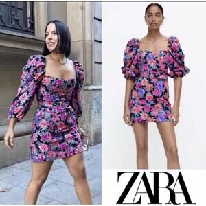 Zara Floral Belted Pink Purple Puff Sleeve Mini Dress Zinnia Blogger Size L